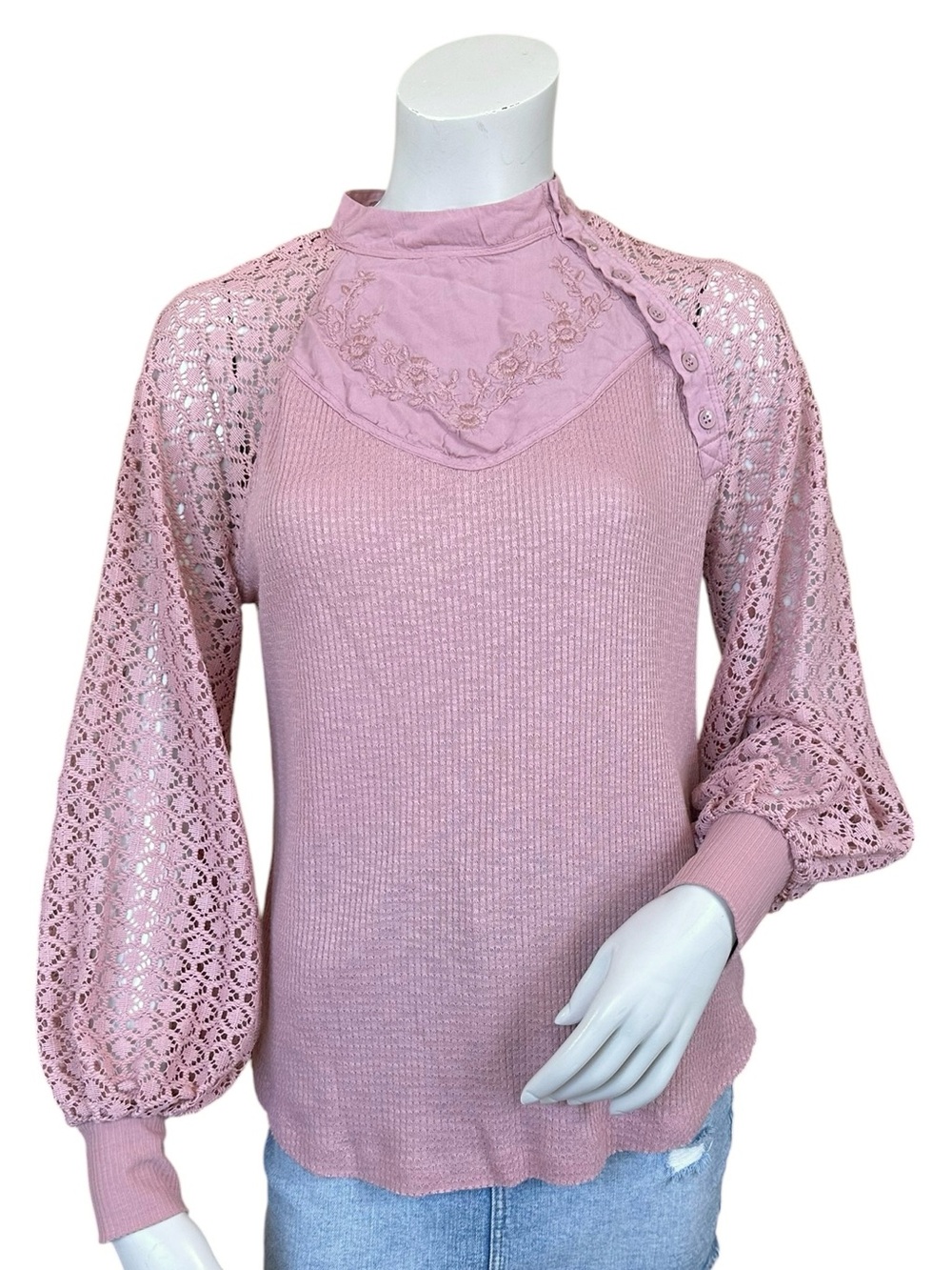 Free People Mauve Pink Sweetest Thing Thermal Knit Puff Sleeve Blouse Small